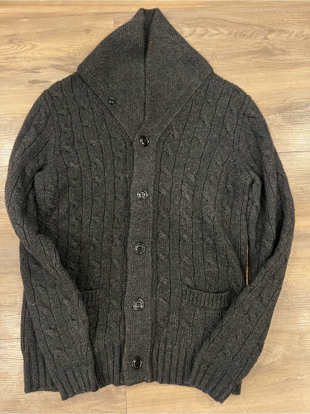 J. Crew Men's Dark Charcoal Shawl Collar Cable Knit Cardigan. Wool.